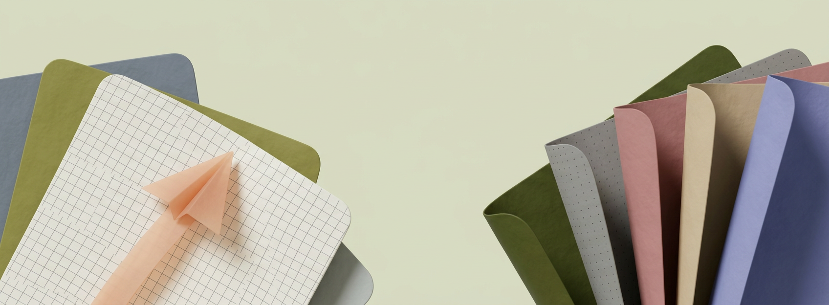 Fanned clay-style paper sheets in olive, rose, sand and blue along the bottom edge