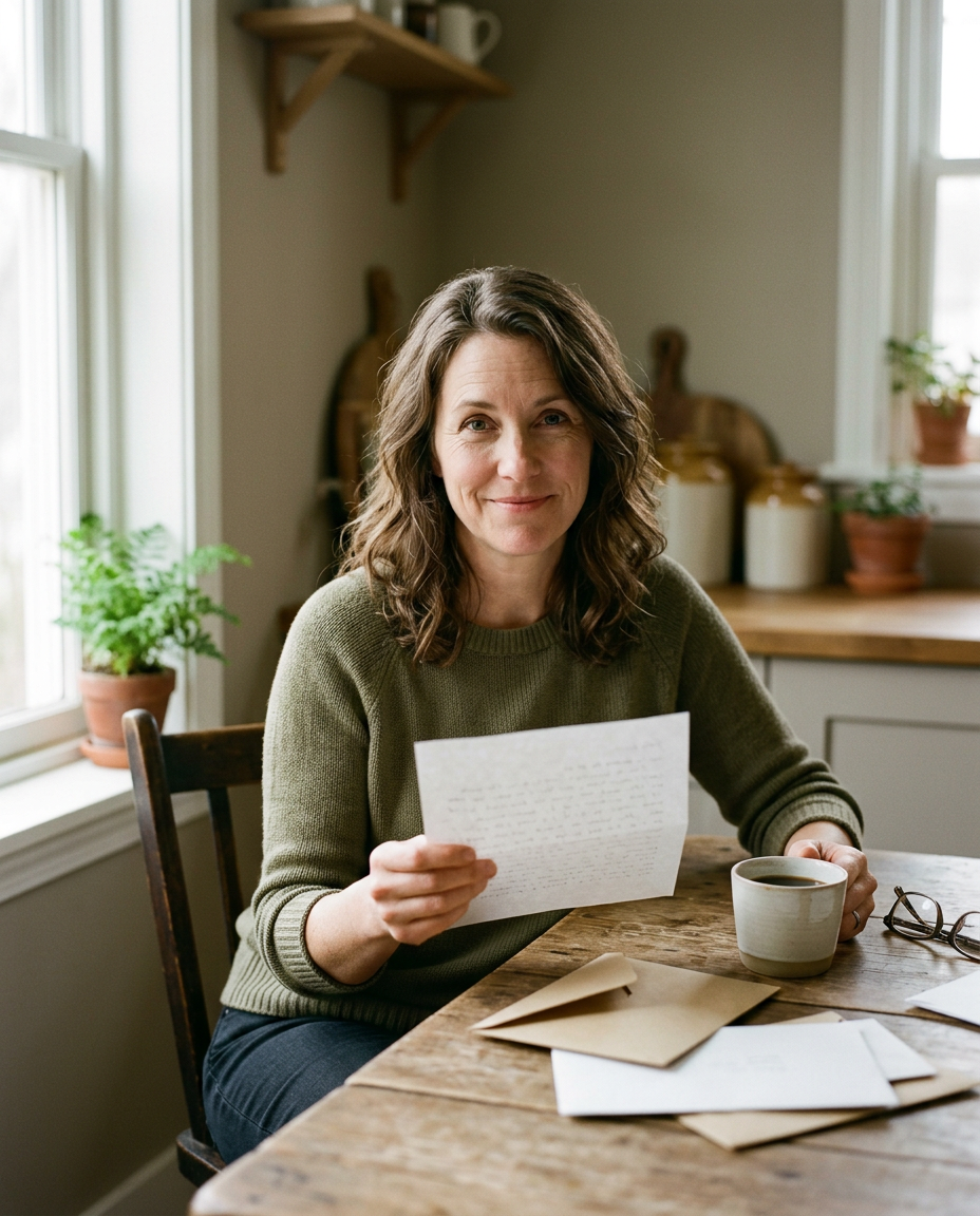 A woman at a kitchen table holding an opened letter, with envelopes and a mug in front of her